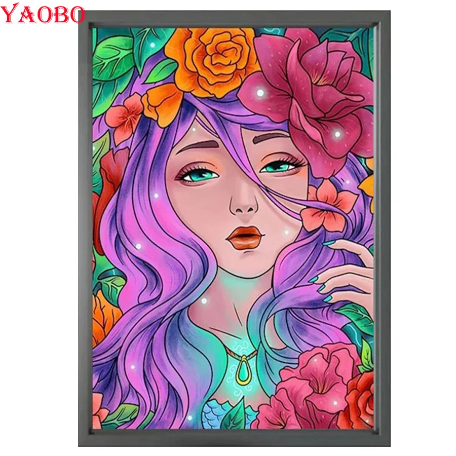 

5D Diamond Mosaic Girl Flower Cross Stitch DIY Full Square Round Drill Arts and Crafts Diamond Embroidery Pretty Cartoon Girl
