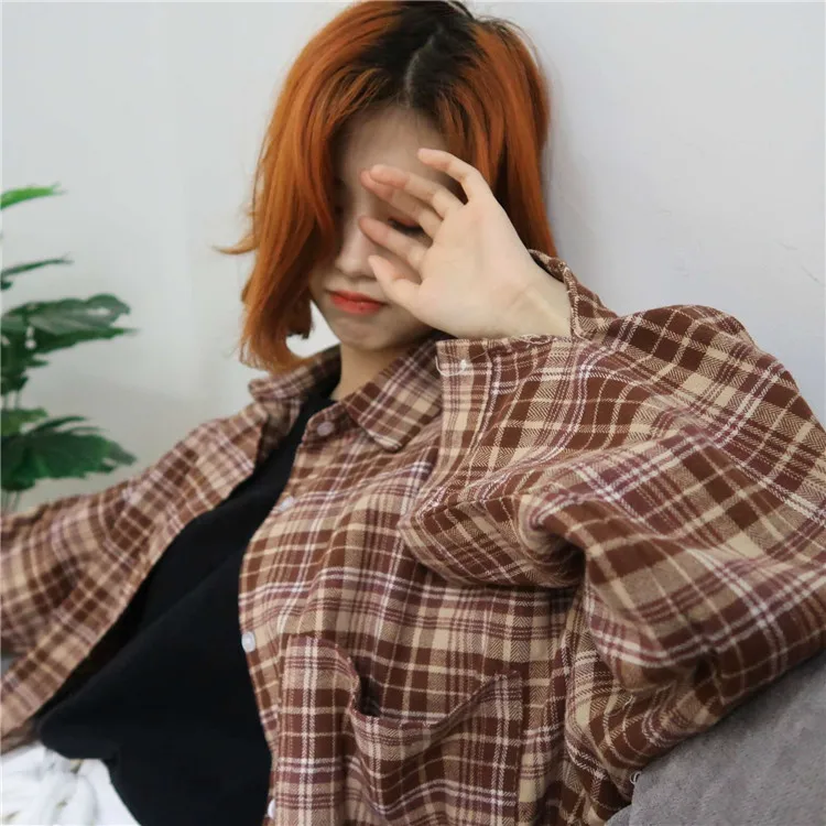 8304 brown Женские рубашки, классические, Ретро стиль, элегантные, с отложным воротником, с карманами, в клетку, женская рубашка с длинным рукавом, для отдыха, свободный, корейский стиль, для девушек - Цвет: 8304 brown