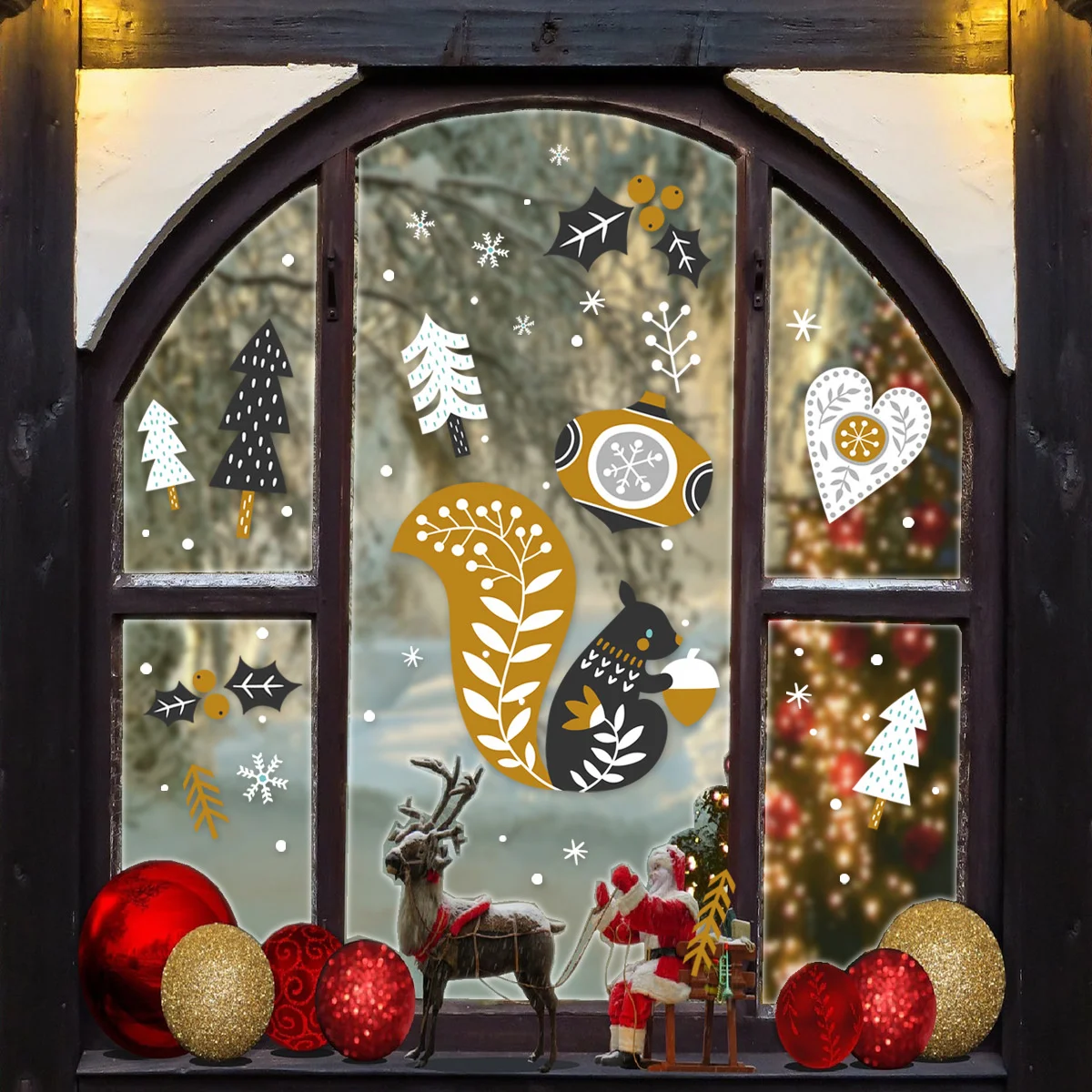 

Christmas Forest Squirrel Snowflake Static Door Sticker Glass Living Room Bedroom Home Removable Decorative Wall Sticker