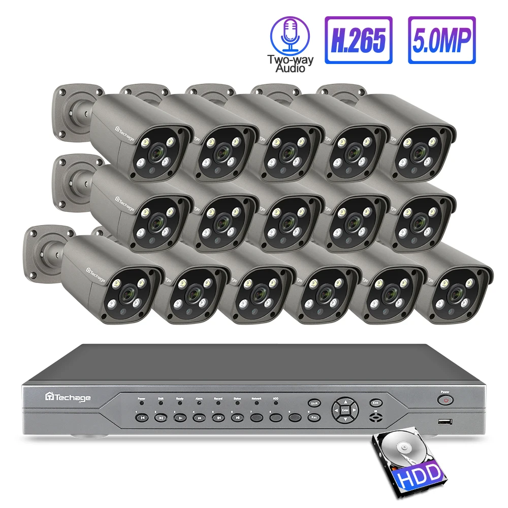 Techage 16CH 5MP 48V H.265 POE NVR безопасности AI IP Камера Системы 2 полосная аудио Динамик Onvif CCTV