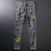 american street fashion men jeans retro gray elastic slim fit printed jeans men embroidery designer hip hop denim punk pants