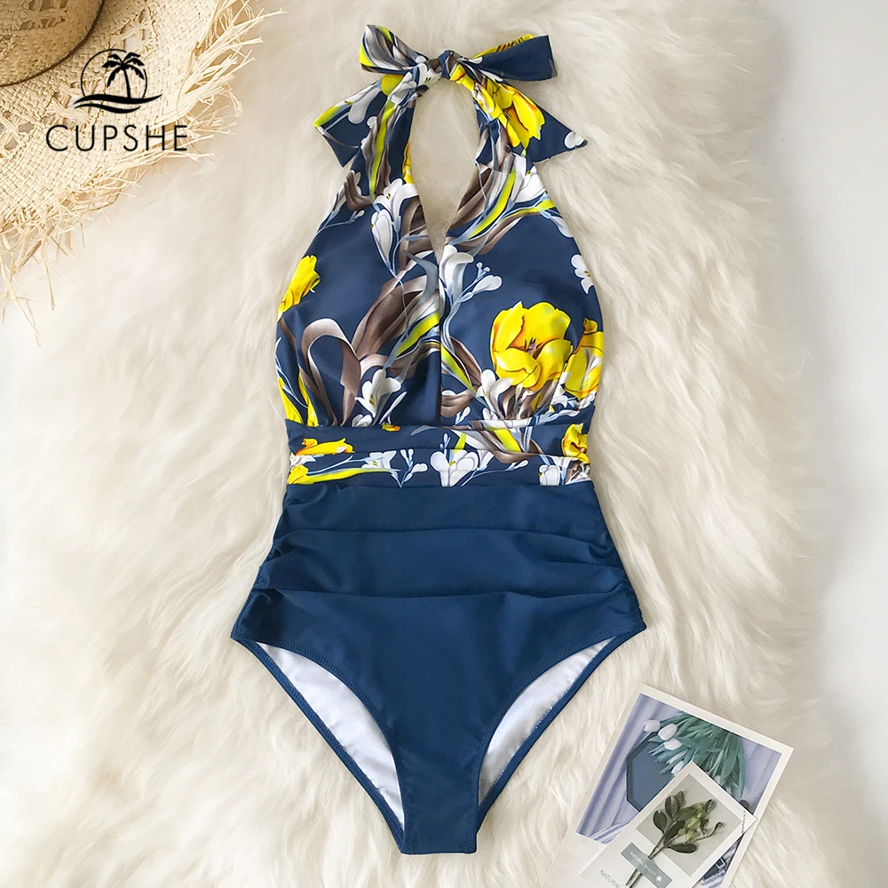 CUPSHE Navy Floral Deep V-neck Halter One-Piece Swimsuit Sexy Backless Lace Up Women Monokini 2022 Beach Bathing Suits Swimwear | Спорт и