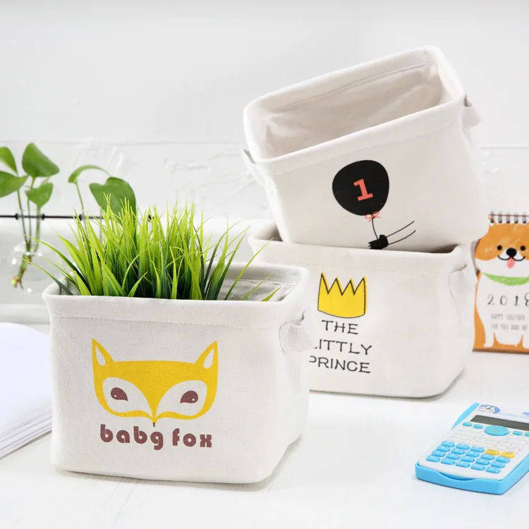 

Desktop Canvas Storage Basket Sundries Organizer Cartoon Cosmetic Toy Storage Bag Storage Box Cloth Small Organize Box