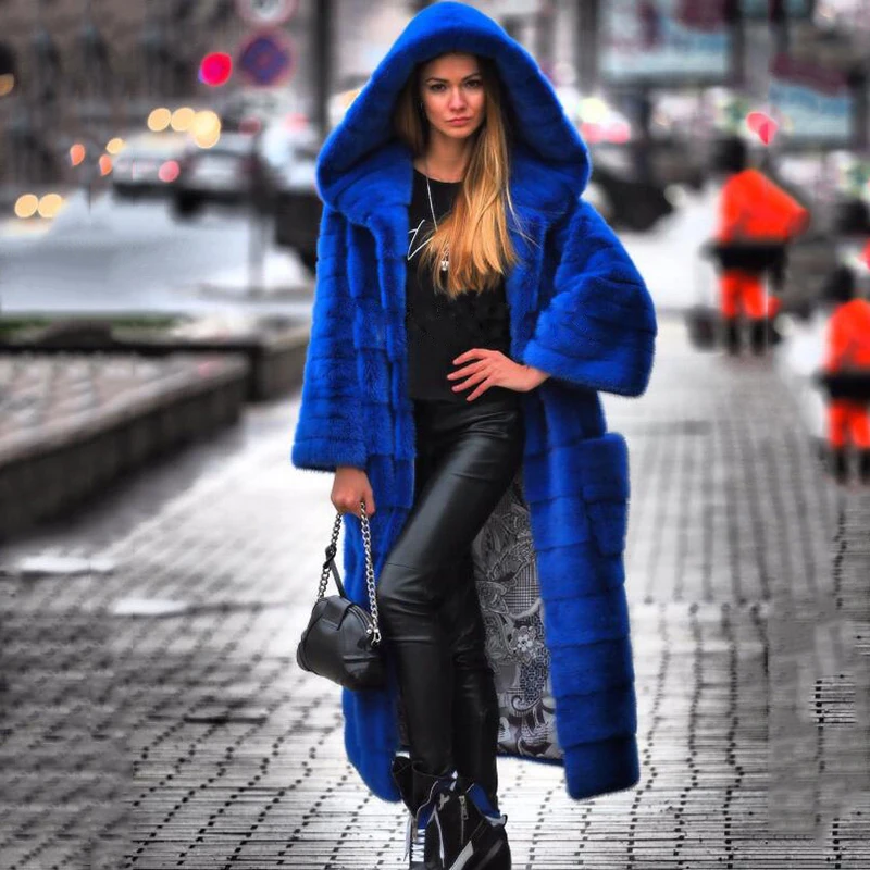 120cm Long Real Mink Fur Coats With Big Hood Fashion Luxury 2022 New Royal Blue Long Sleeve Genuine Mink Fur Coat Woman Outwear