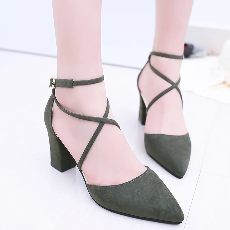 2019 новые летние туфли на толстом каблуке Женская обувь с перекрещенными