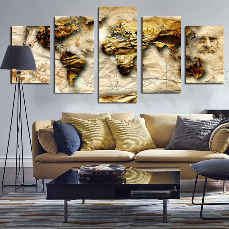 

European Style Canvas Material Decorative Painting 5Pcs Gold Map and Abstract Figures Wall Pattern Background Poster Living Room