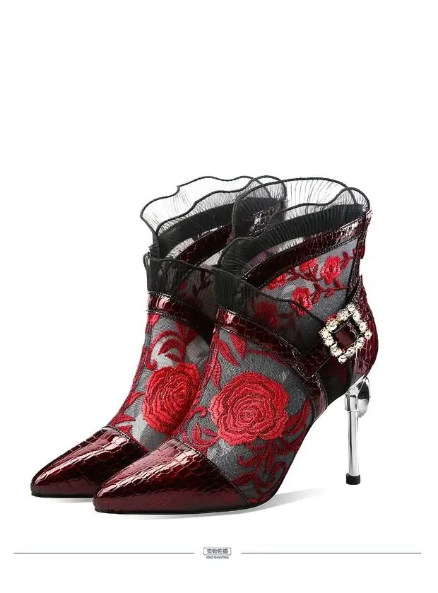 

2020 Summer New Ankle Boots Women's Thin Heeled Crystal Embroidered Lace Mesh Boots Sexy Pointed High Heels Elegant Sandal Boots