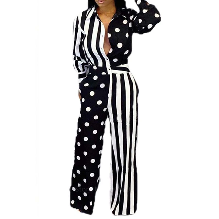 

African Dot and Striped Jumpsuit Color Patchwork Playsuits with Button Long Wide Pants Autumn Rompers Womens Jumpsuit Overalls