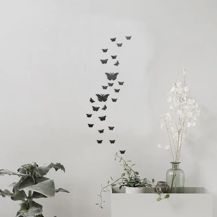 12pcs black 12 шт. 3D зеркала Бабочка Наклейка на стену s Наклейка на стену Искусство Съемные вечерние комнаты свадебный Декор домашний декор наклейка на стену для детской комнаты - Цвет: 12pcs black