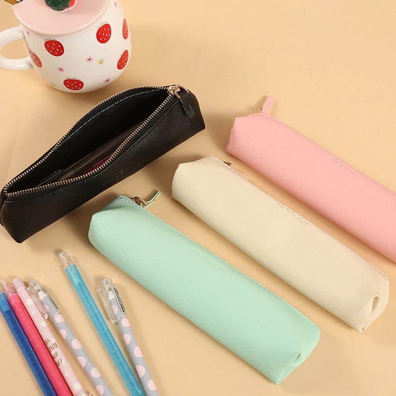 

1Pc Pencil Bag PU Pen Case Kawaii Stationery Organizer Solid Color Pencil Pouch Holder for Children Gift School Storage Supplies