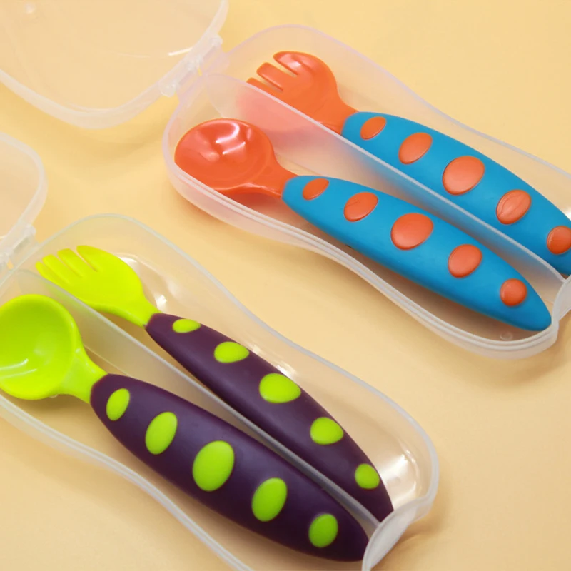 

Protable Baby Food Feeding Spoon Fork Set Learning Tableware Anti-Skid Handle Eating Training Flatware Baby Dishes Kids Utensils