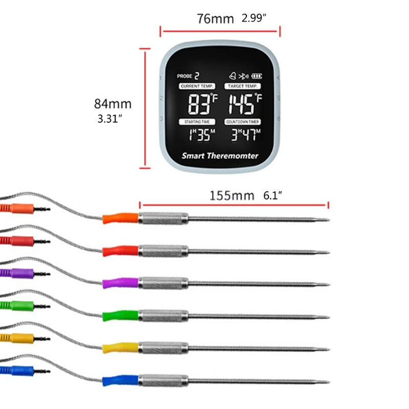 

APP Control and Instant Read Barbecue Thermometer with 6 Color-Coded Probes
