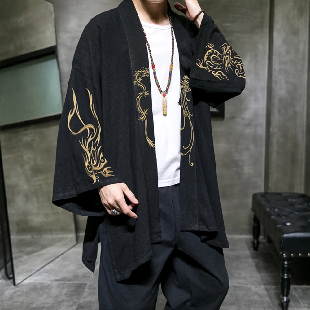 

Jacket Black Ancient Coat School Cosplay Robe Oversized Chinese Style Trench Embroidery Show Home Cotton Linen Male Hanfu