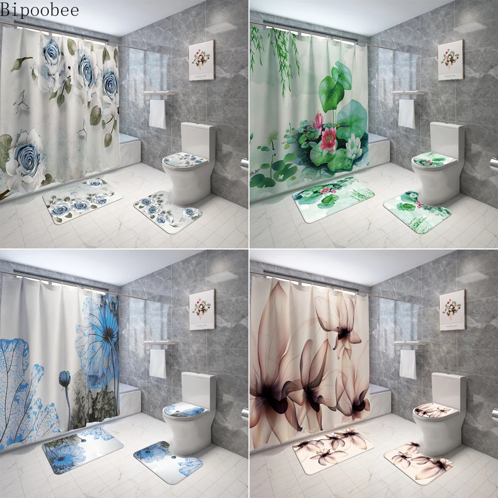 Красивая тканевая занавеска для душа Bipoobee с цветами водонепроницаемая в виде