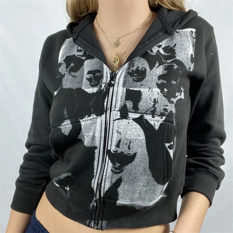 

hirigin E-girl Gothic Sweatshirt Hoodies Women Spring Fall Long Sleeve Zipper Coat Harajuku Streetwear Y2K Aesthetic Hip Hop Top
