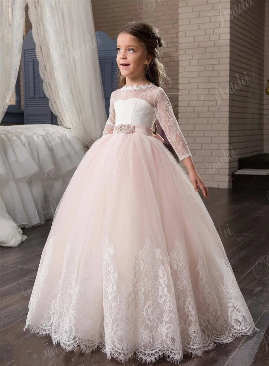 

Gorgeous Pink Long Sleeve Flowers Girl Dresses Lace A-Line Wedding Party Dresses Vintage Pageant Dresses with Ribbon 1-14Y