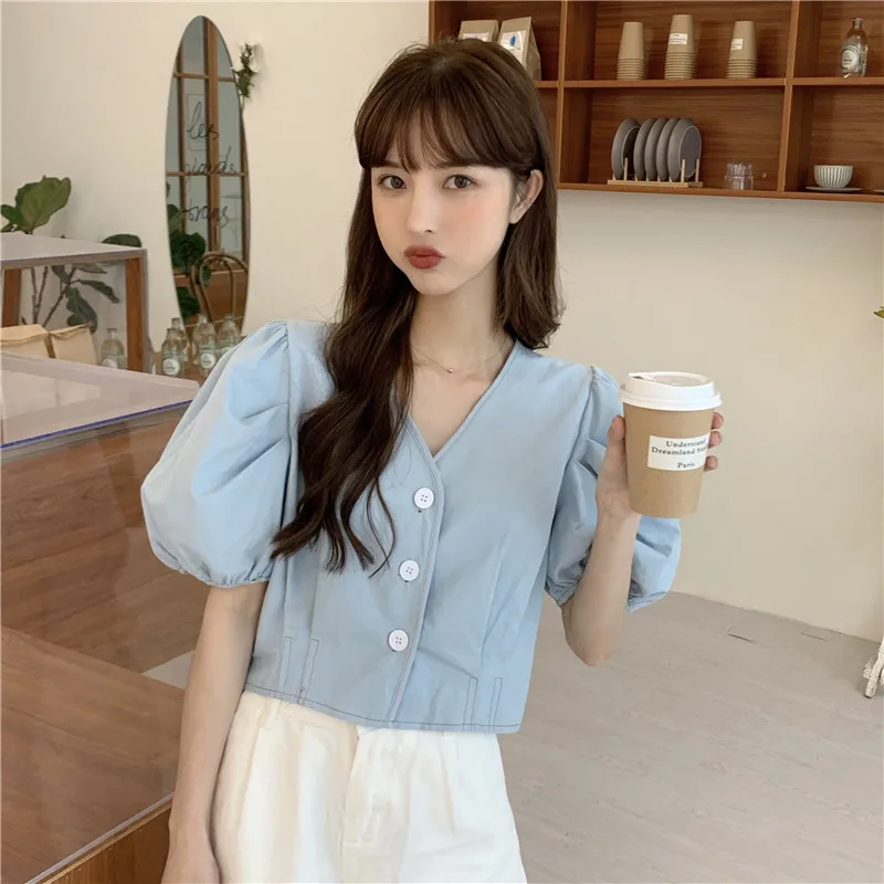 

Футболка женская с V-образным вырезом, свободная стильная рубашка в Корейском стиле, повседневная Однотонная футболка с коротким рукавом-фо...