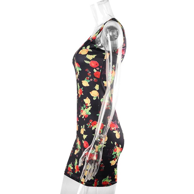 

2021 Summer Y2k Aesthetic Fashion Fruit Printed Slash Neck Sexy A-Line High Waist Sleeveless With Hip Bodycon Women Mini Dress