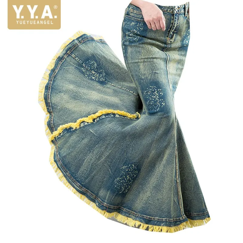 

2021 Мода длинная юбка макси джинсовая юбка для женщин Русалка Стиль фасона «рыбий хвост» с высокой талией кисточки S-XL стрейч в винтажном сти...