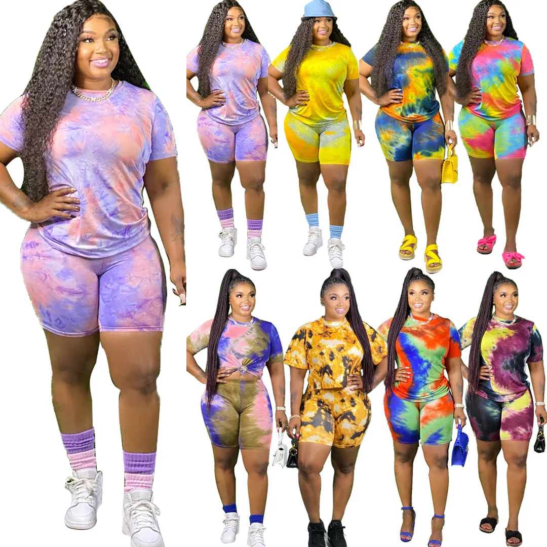 

Rainbow Tie Dyeing Print Summer Two Piece Outfits Women Clothes O Neck Short Sleeve Tshirt+biker Shorts Party Club Tracksuits