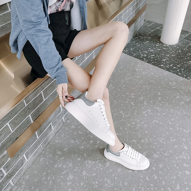 

Women's Casual Vulcanize Shoes White Genuine Leather 2021 Sport Walking Running Summer Platform Flats Woman Sneakers