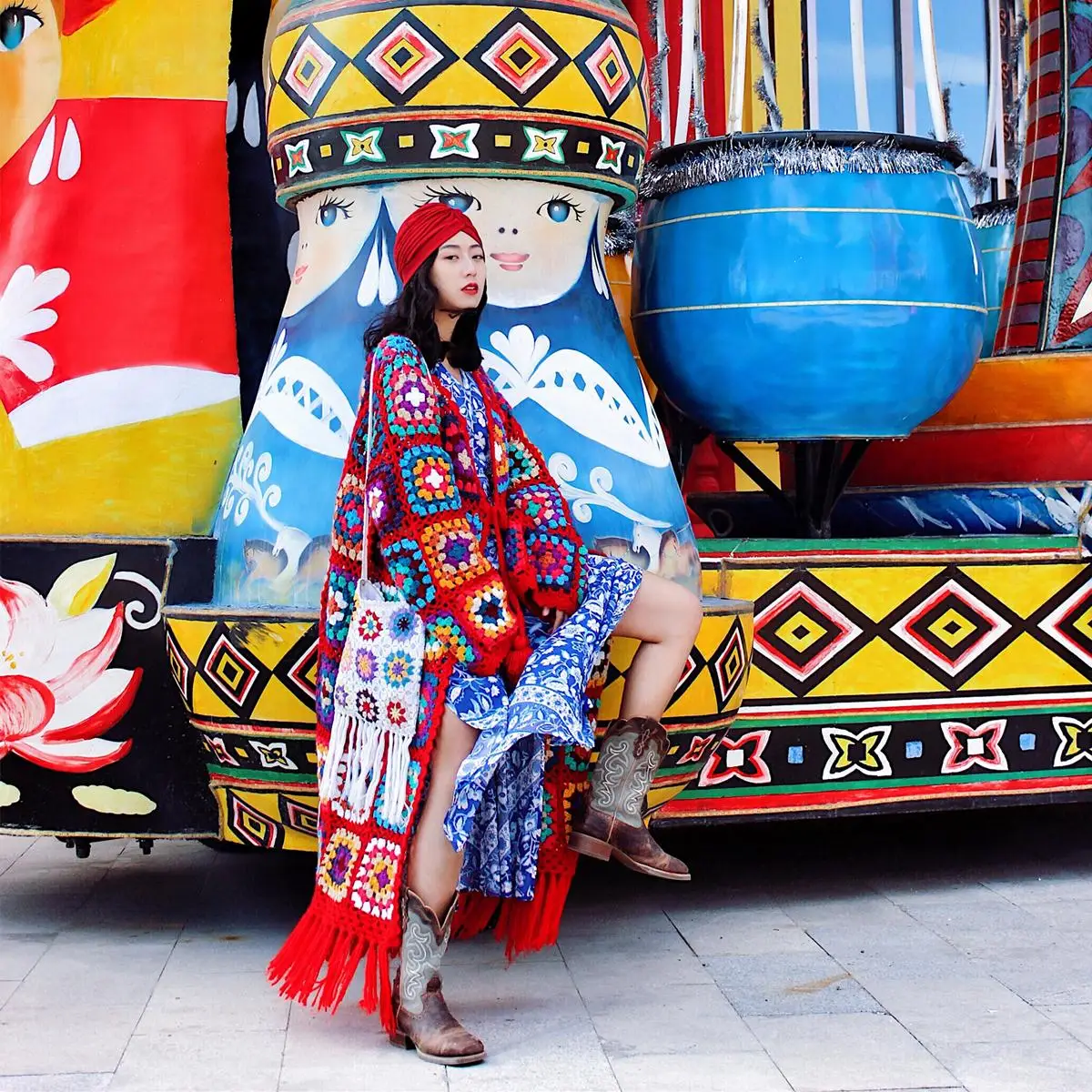 Nepalese Hand-Made Wool Hippie Crochet Box Stitching Ethnic Sweater Red Fringe Cardigan Long Coat