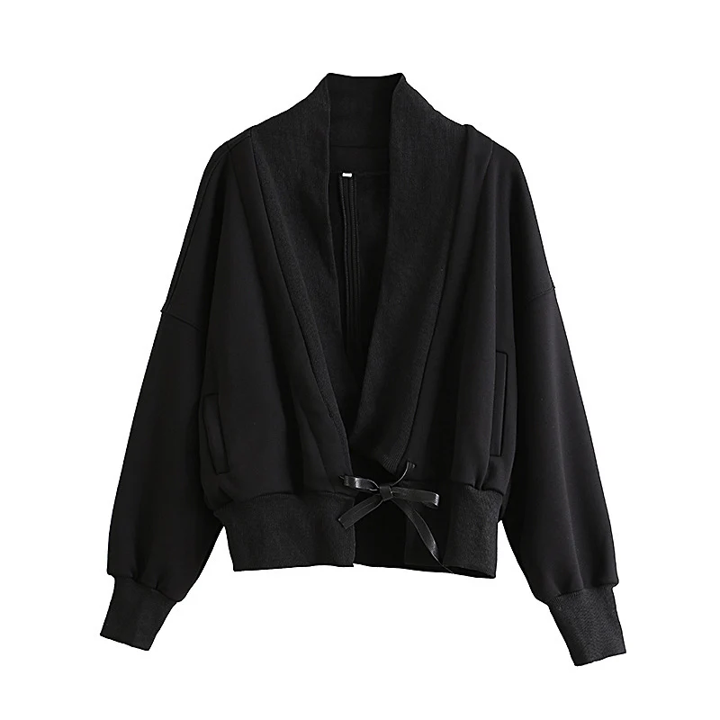 

Black Patchwork Irregular Short Jacket Coats Women V-Neck Long Sleeve Fashion Loose Causal Cardigan Clothes Autumn Winter 2020