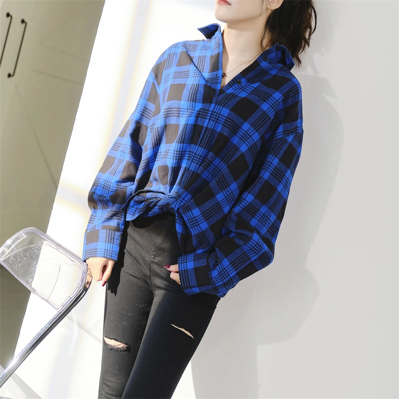 

2021 Spring Autumn Women Shirts Flannel Loose Oversized Blouses Female Tops Loose BF Korean Style Blusas plaid checked Europe