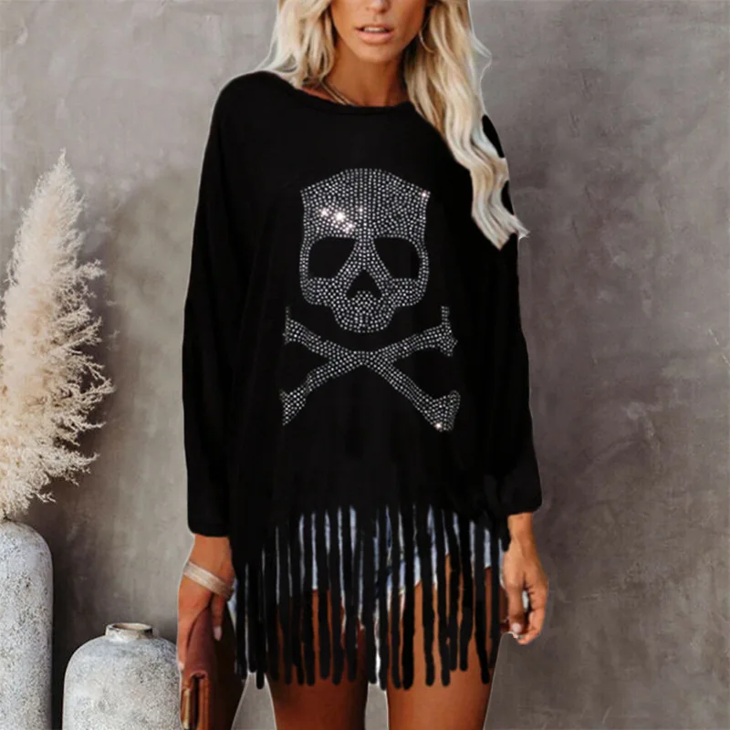 

Chic Skull Pattern Printing Women Casual Blouse Simple Round Neck Batwing Sleeve Tassel Top Female Plus Size Pullover Streetwear