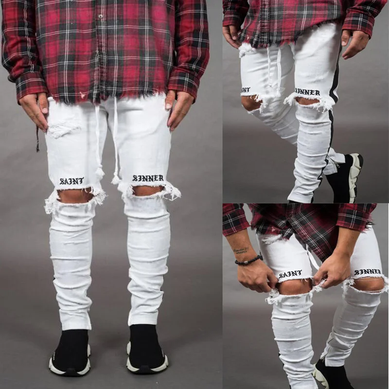 

Nice Men Skinny white Jeans Biker Destroyed Frayed Fit Denim Ripped Side Stripe Pencil Pants Hip Hop Streetwear Jeans