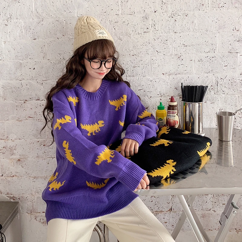 Женский пуловер с милым динозавром черного и фиолетового цвета свитер 2020 женский