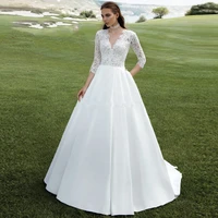 lace satin wedding dresses a line 34 sleeves v neck vintage long vestido de noiva 2020 white ivory simple bridal gowns