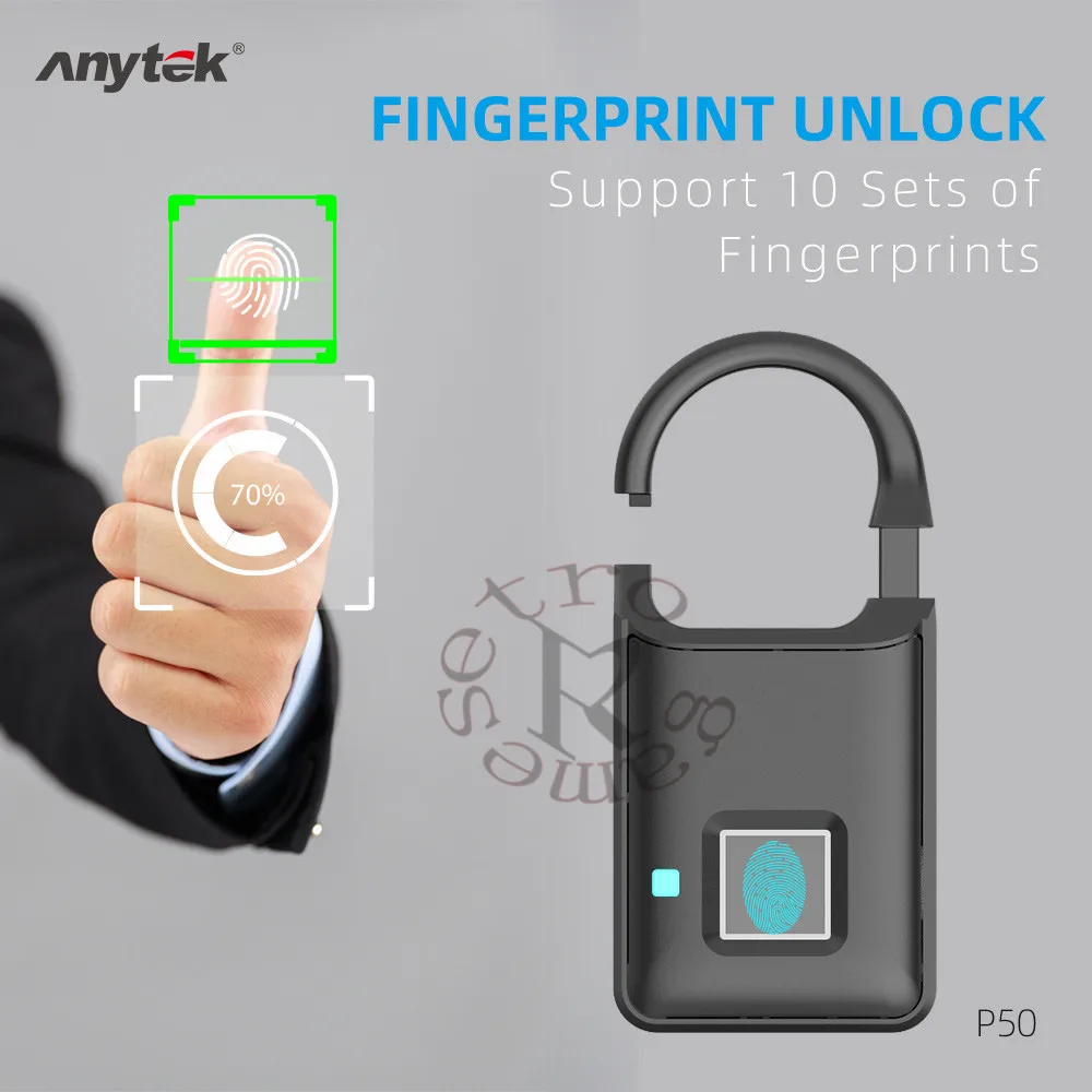 

DHL 20pc/lot Durable Fingerprint Lock Multi-function Anytek P50 Smart Keyless Fingerprint Lock USB Rechargeable Security Padlock