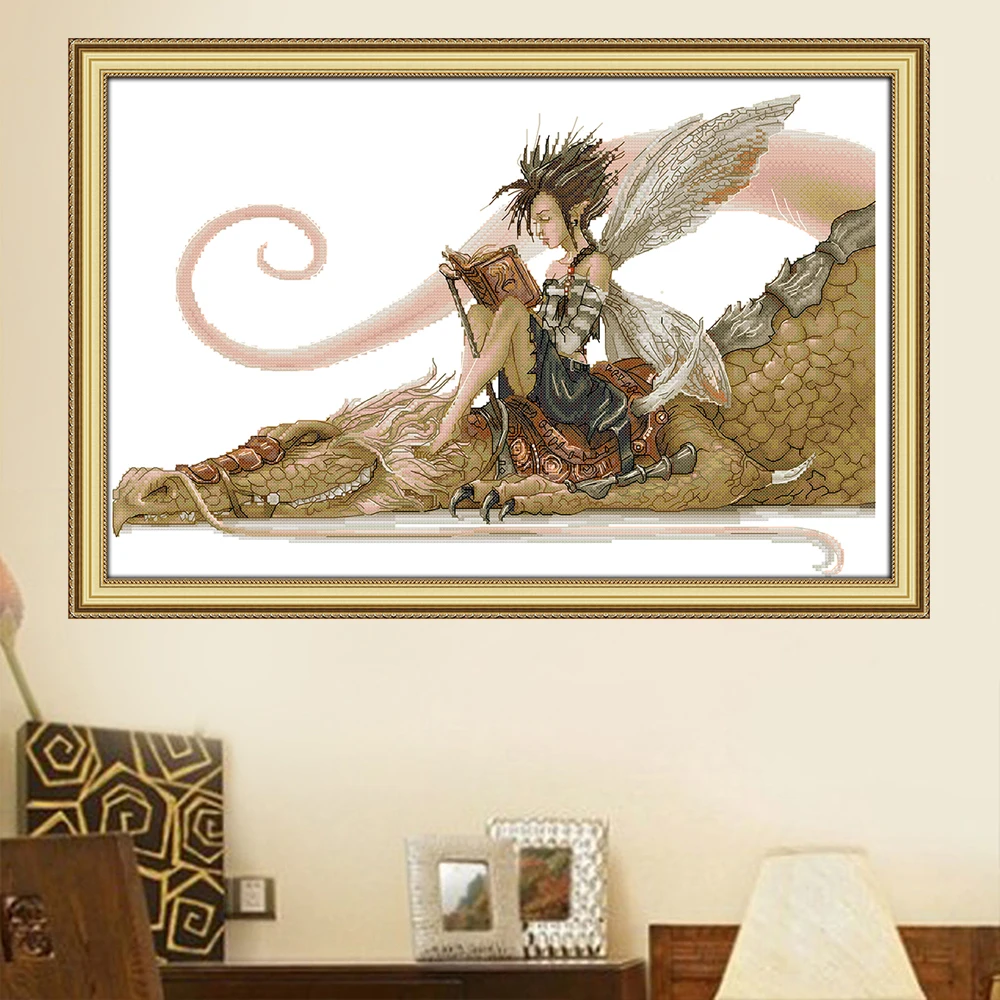 Вышивка крестиком Joy Sunday девушка сидела на драконе читая книгу штампованная 11CT 14CT