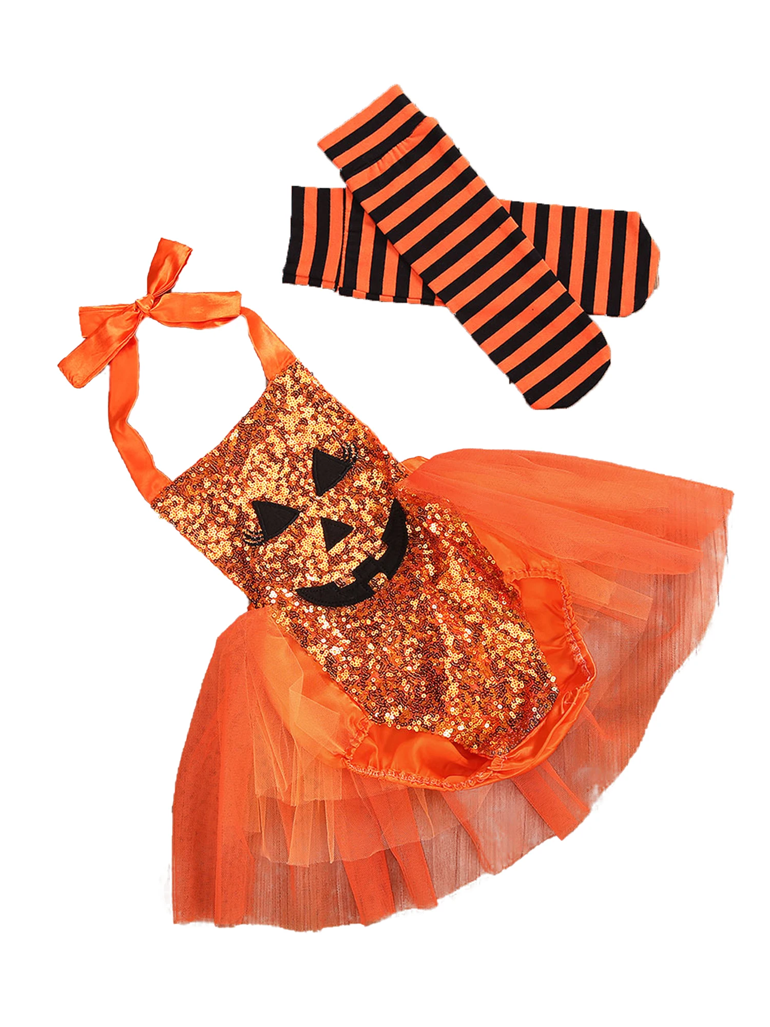 

Baby Girl Halloween Costume Cute Pumpkin Face Sequin Halter Romper Tutu Dress + Striped Socks 2Pcs Outfits
