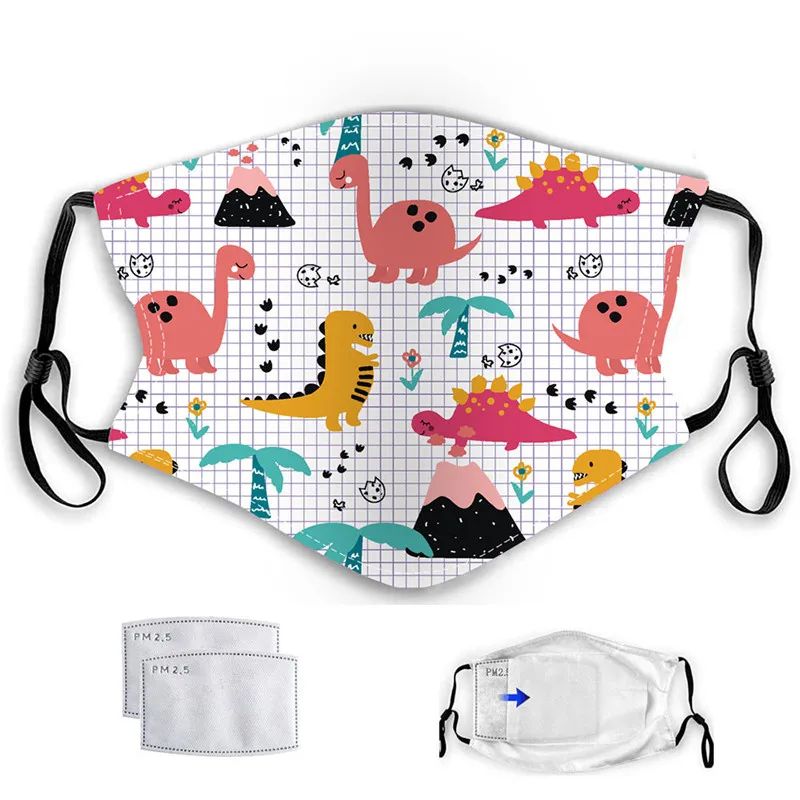 

4pcs Children PM2. 5 masks Respirator Mask Washable Dinosaur Pattern with 60pcs Activated Carbon Filter Masks Anti Dust Allergy