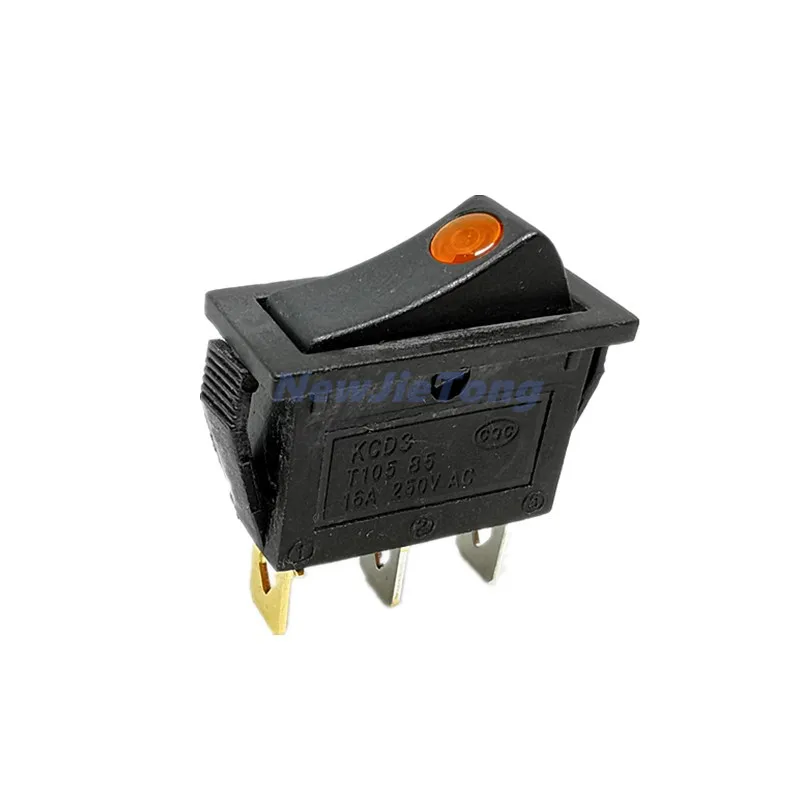 Кулисный Переключатель ВКЛ./ВЫКЛ., 3 контакта, 16 А, 250 В переменного тока, 1 шт., KCD3, с точесветодиодный катором для автомобиля, с фиксацией, с желтым светильник том