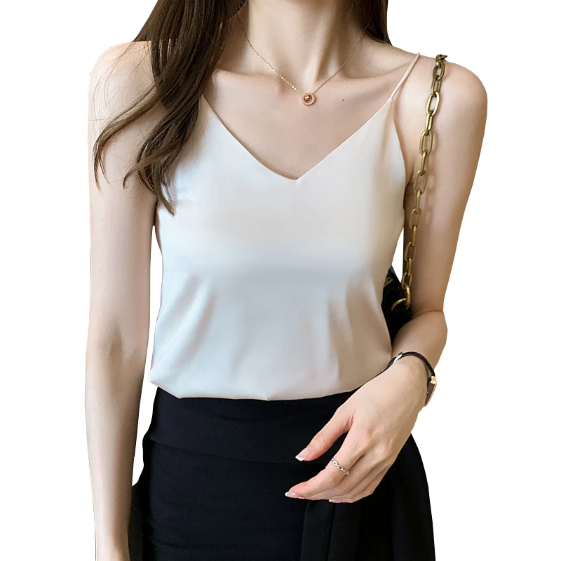 

Korean Silk Top Women V-neck Satin Tank Tops Woman Sleeveless Black Tees Cami Sexy Halter Top Plus Size Elegant Women White Tops
