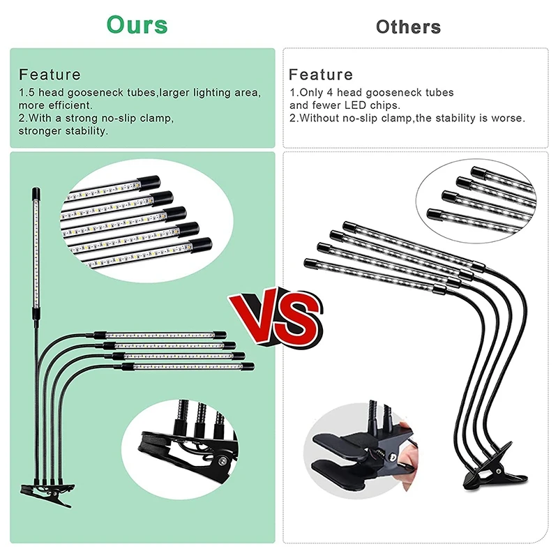 

LED Grow Light with Timer Dimmable Full Spectrum 5 Head Bulbs Flexible Clip Phyto Lamp for Seedling Fito Lamp