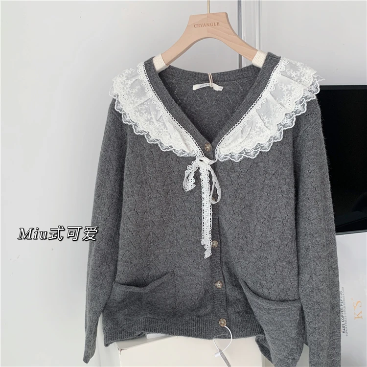 

SuperAen, милый вязаный свитер ручной работы с кружевом и v-образным вырезом, кардиган, Женское пальто, осень 2021, новый стиль, вязаный кардиган