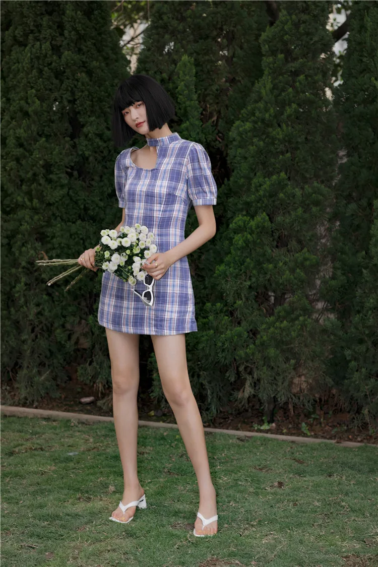 CHEERART фиолетовое клетчатое платье с лямкой на шее винтажное Летнее мини-платье