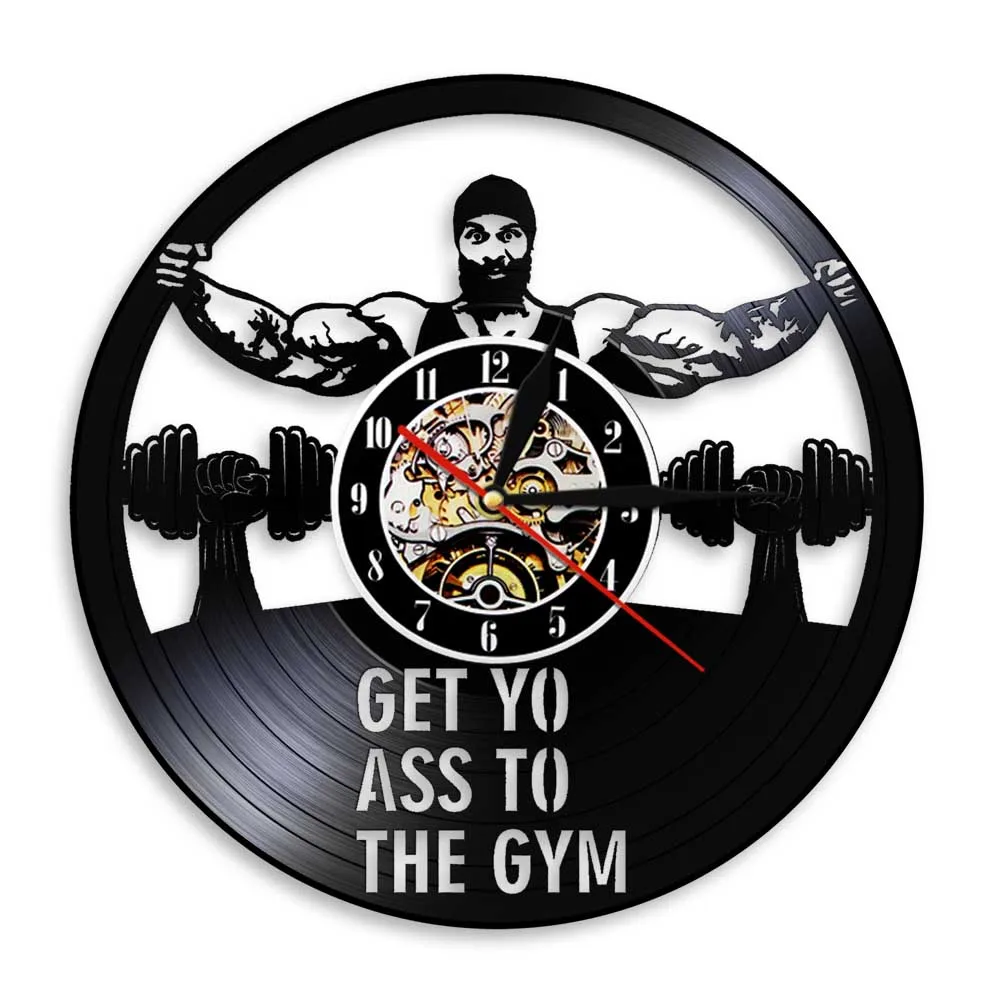 Get Yo Ass To The Gym LED Wall Clock Workout Dumbbell Fitness Vintage Vinyl Record Wall Clock Morden Design Gifts reloj de pared