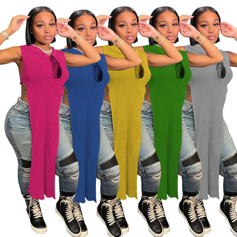 

2021 Fashion Women Knitted Hoodies Sexy Sleeveless Long Tops Side Split Pin Outfits Casual Solid Loose Maxi Dress Bodycon Shirt
