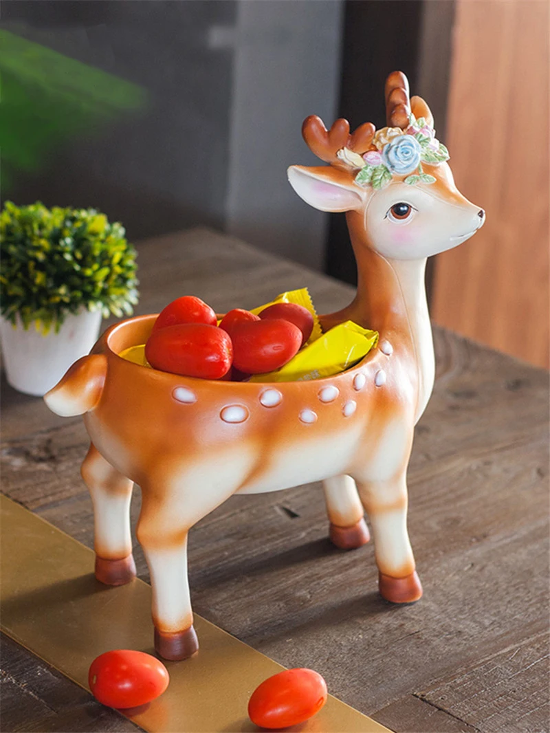 

2021 New Creative Resin Little Deer Art Sculpture Cute Animal Statue Snacks Jewelry Key Storage Box Home Decoration