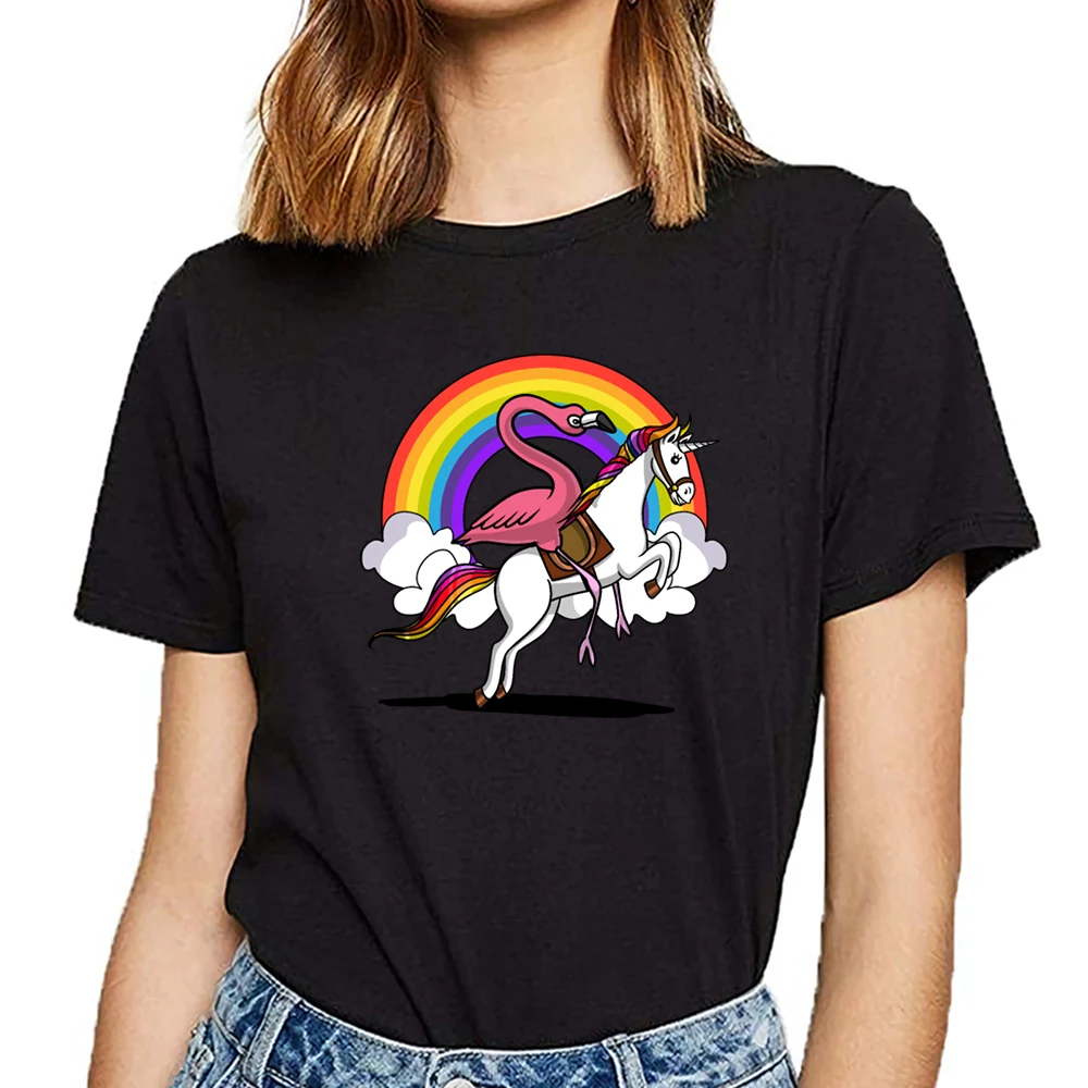 

Женская футболка с рисунком фламинго, птицы, единорога, Волшебная Радуга, базовая черная короткая женская футболка