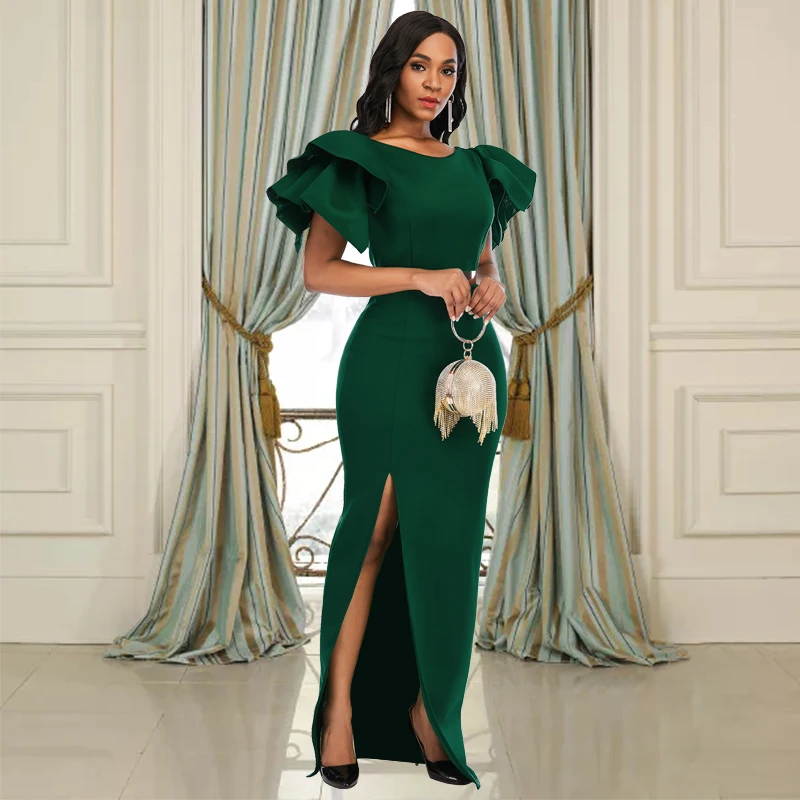 

Party Dresses Women Evening Elegant Ruffles Sleeve Slim Fit Split Long Maxi Dress Prom Wedding Night Club Green Bodycon Dress
