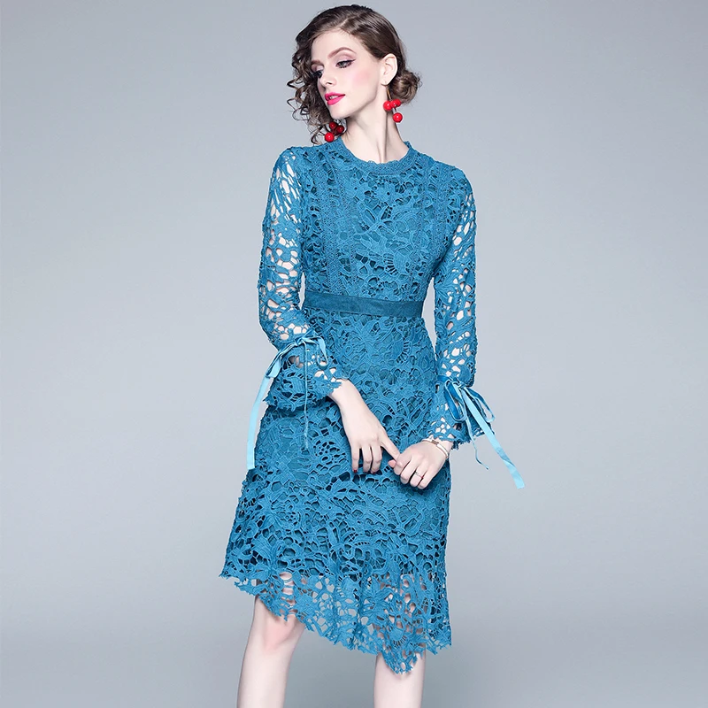 

2021 Lace Bodycon Dress Women Summer Flare Sleeve Hollow Out Dresses OL Casual Waist Fashion Work Vestidos
