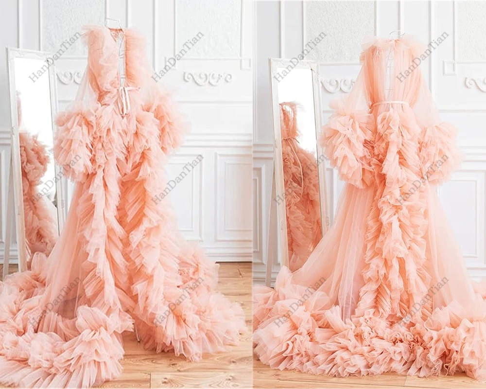 2022 Women's Ruffle Pleated Tulle Maxi Dress Maternity Photography Boudoir Show Formal Bathgown