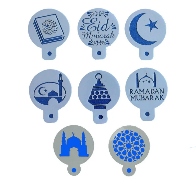4/8Pcs Eid Mubarak Ramadan Coffee Printing Template Spray Stencil Set DIY Fondant Cake Biscuits Decoration Tools القهوة صناع images - 6