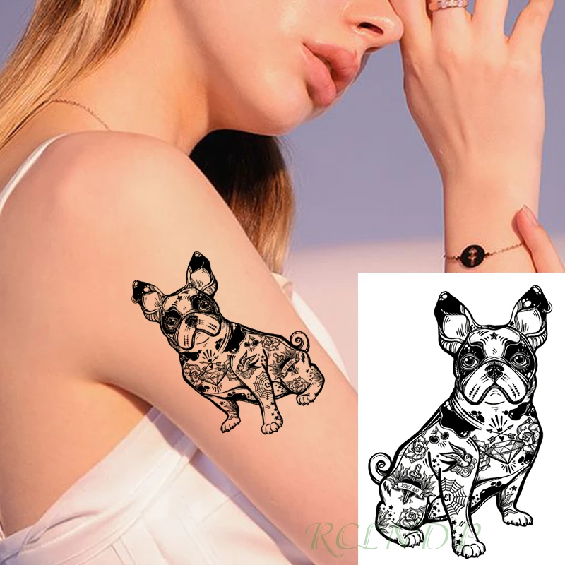 Временная наклейка для татуировки с изображением бульдога, птицы, меча, стрелы, бриллианта и цветка, водонепроницаемая наклейка для татуировки.